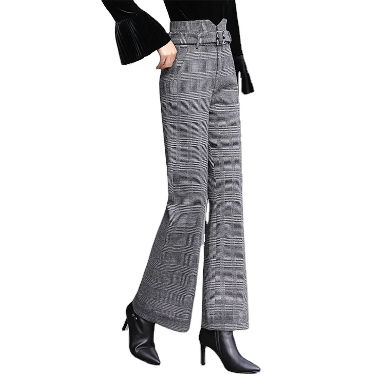 

Designer Winter Tweed, plaid, wide-legged, thickened, high-waisted pants, Gray grid