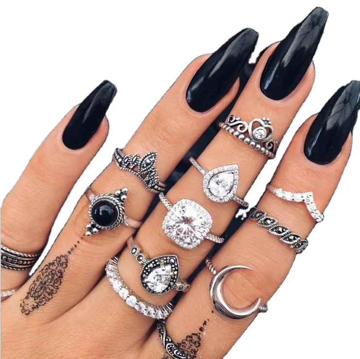 2021 Popular Retro Rings Set 11pcs Diamond Black Gemstone Moon Crown Water Drop Leaf Women Ring, Gold silver
2021 Popular Retro Rings Set 11pcs Diamond Black Gemstone Moon Crown Water Drop Leaf Women Ring, Gold silver