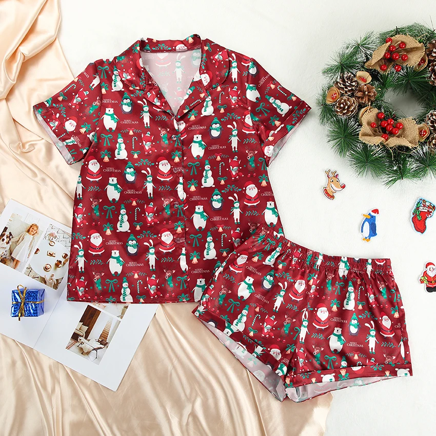 Christmas Pyjamas Women Two Piece Set Top And Shorts Short Sleeve Satin Pajamas Set Fashion Pattern Home Suit Sets
Christmas Pyjamas Women Two Piece Set Top And Shorts Short Sleeve Satin Pajamas Set Fashion Pattern Home Suit Sets