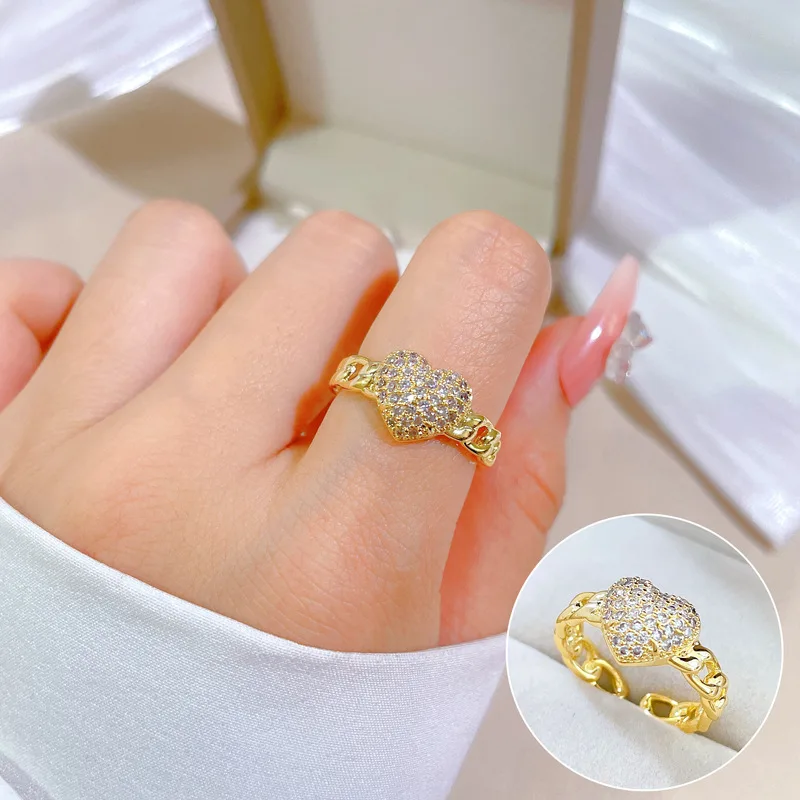 Fashion Gold Plated Inlaid Full Zircon Rings Heart Open Adjustable Chain Ring Jewelry For Women
Fashion Gold Plated Inlaid Full Zircon Rings Heart Open Adjustable Chain Ring Jewelry For Women