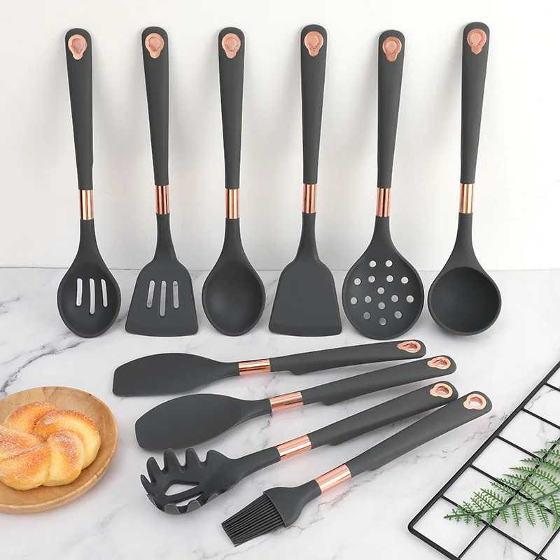 10 Piece Silicone Stainless Steel Kitchen Utensils Cooking Tools Set Household Spoon Shovel, Gray+rose golden color
10 Piece Silicone Stainless Steel Kitchen Utensils Cooking Tools Set Household Spoon Shovel, Gray+rose golden color