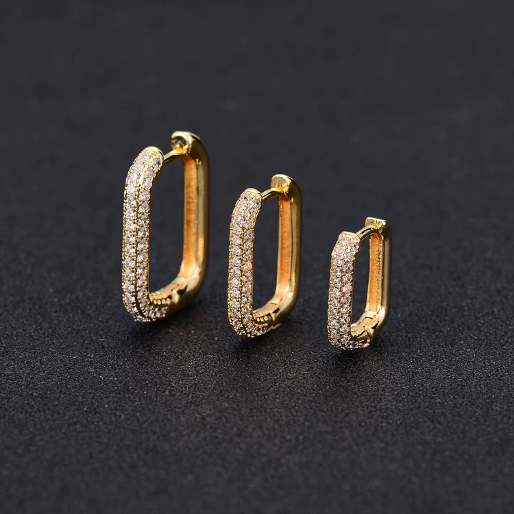 

2021 Zirconia Fashion Woman Geometric Pave Diamonds Zircon 14K Gold Plated Square Hoop Earrings
