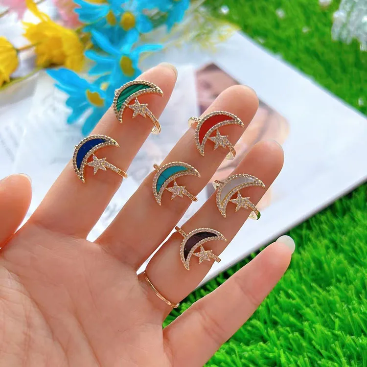 

RM1408 18K Gold Plated CZ Paved Malachite Turquoise White Shell Gemstone Stone Crescent Moon and Star Statement Rings for Women