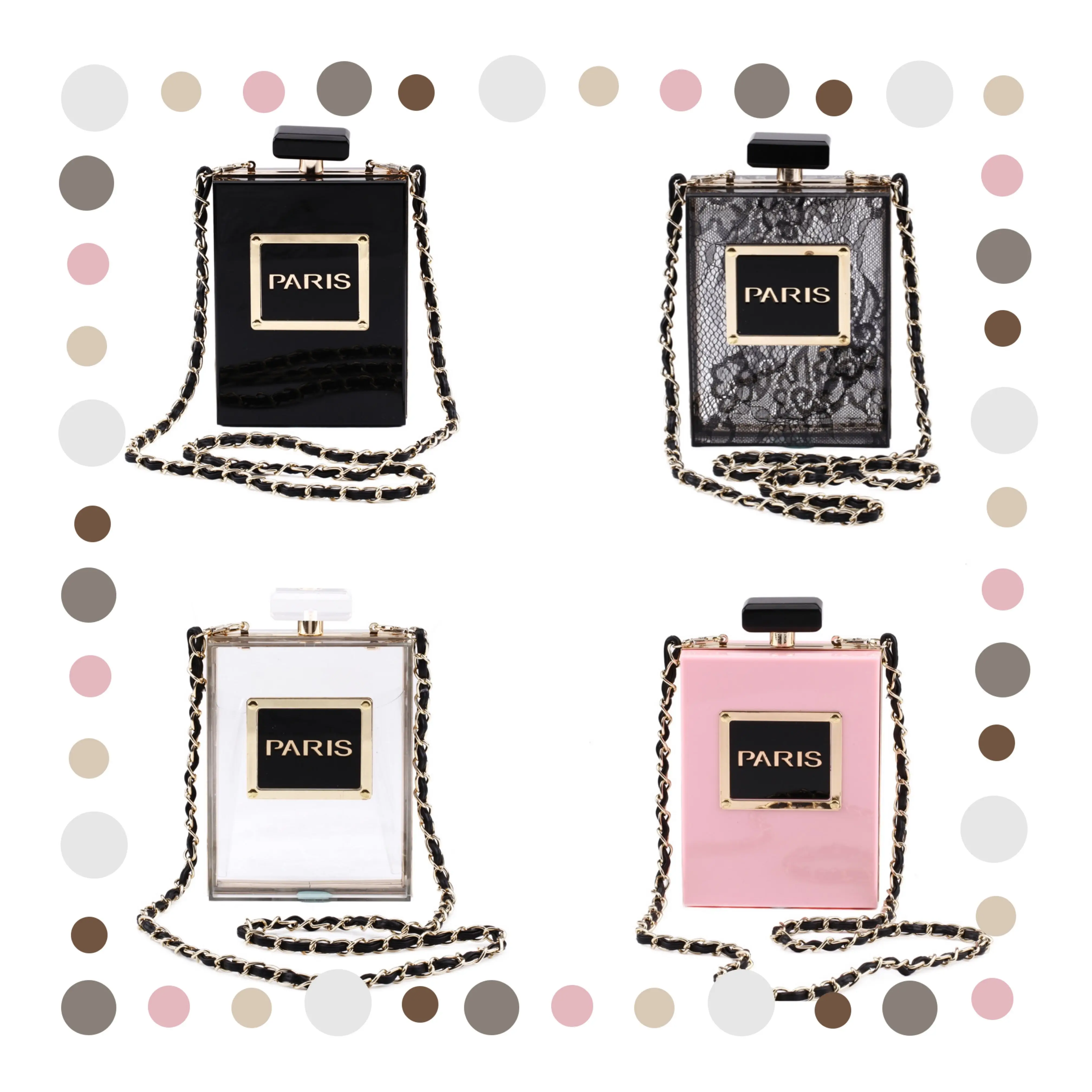 New Arrivals Custom Women Hand Clear Lace Perfume Bottle Box Acrylic Clutch Bag Purses Handbags Wholesale, 8 colors
New Arrivals Custom Women Hand Clear Lace Perfume Bottle Box Acrylic Clutch Bag Purses Handbags Wholesale, 8 colors