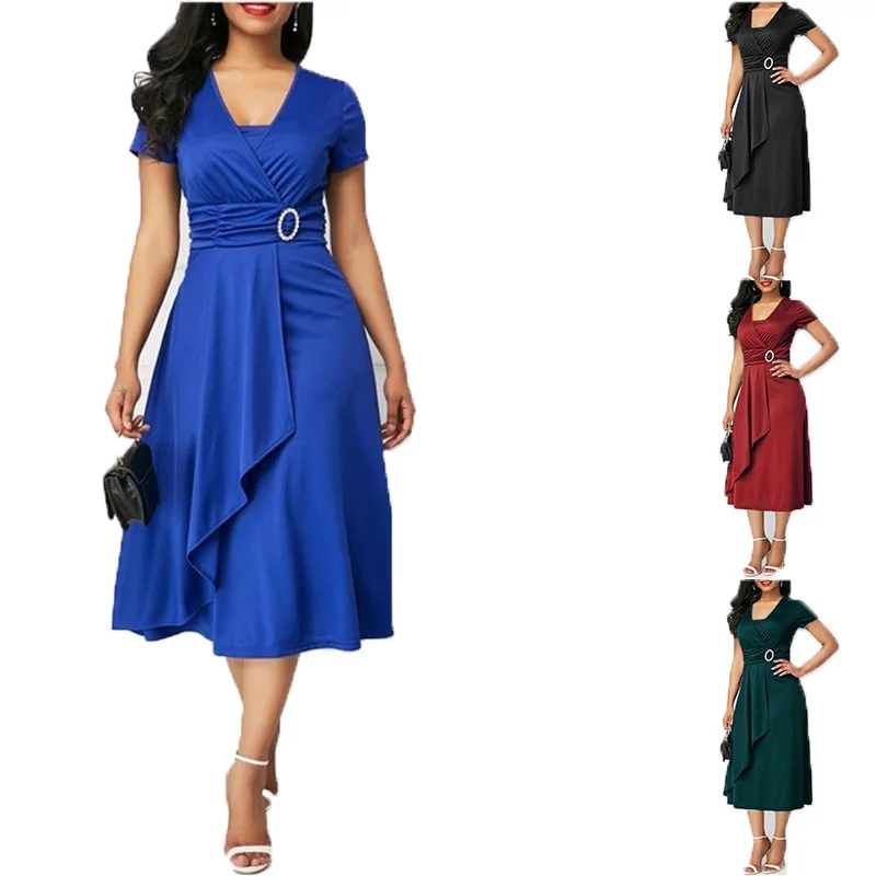 Plus size fashion women's slim short sleeve temperament asymmetric irregular V-neck solid color party evening dress
Plus size fashion women's slim short sleeve temperament asymmetric irregular V-neck solid color party evening dress