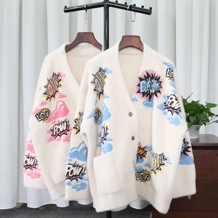 Factory Custom Winter Buttons Plus Size V-NECK Digital Printing Mink Sweater Coat Pop Art heavy cardigan Women
Factory Custom Winter Buttons Plus Size V-NECK Digital Printing Mink Sweater Coat Pop Art heavy cardigan Women