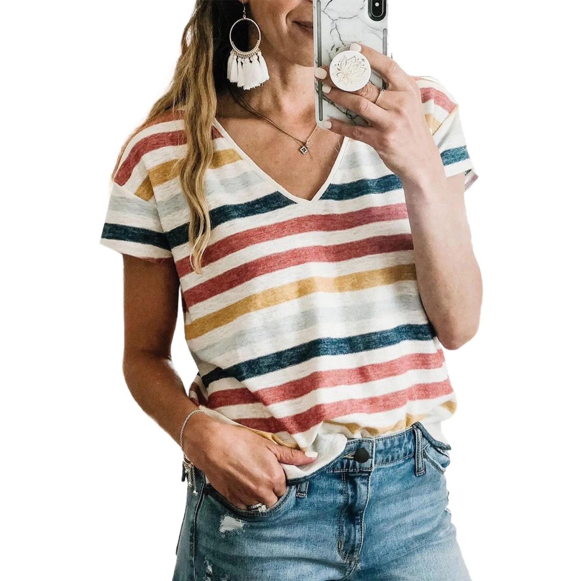 SD189 top 2021 Women's Summer T-Shirt Multicolor Stripes V Neck T Shirts Women women tops blouses and t shirts
SD189 top 2021 Women's Summer T-Shirt Multicolor Stripes V Neck T Shirts Women women tops blouses and t shirts