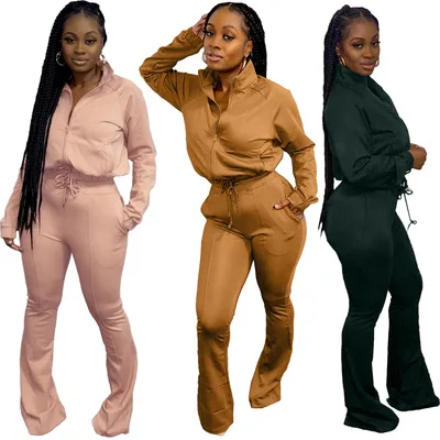 2021 New Arrivals Solid Casual Tracksuit Women Clothing Turtleneck Jacket And Drawstring Flare Pants 2 Piece Set
2021 New Arrivals Solid Casual Tracksuit Women Clothing Turtleneck Jacket And Drawstring Flare Pants 2 Piece Set
