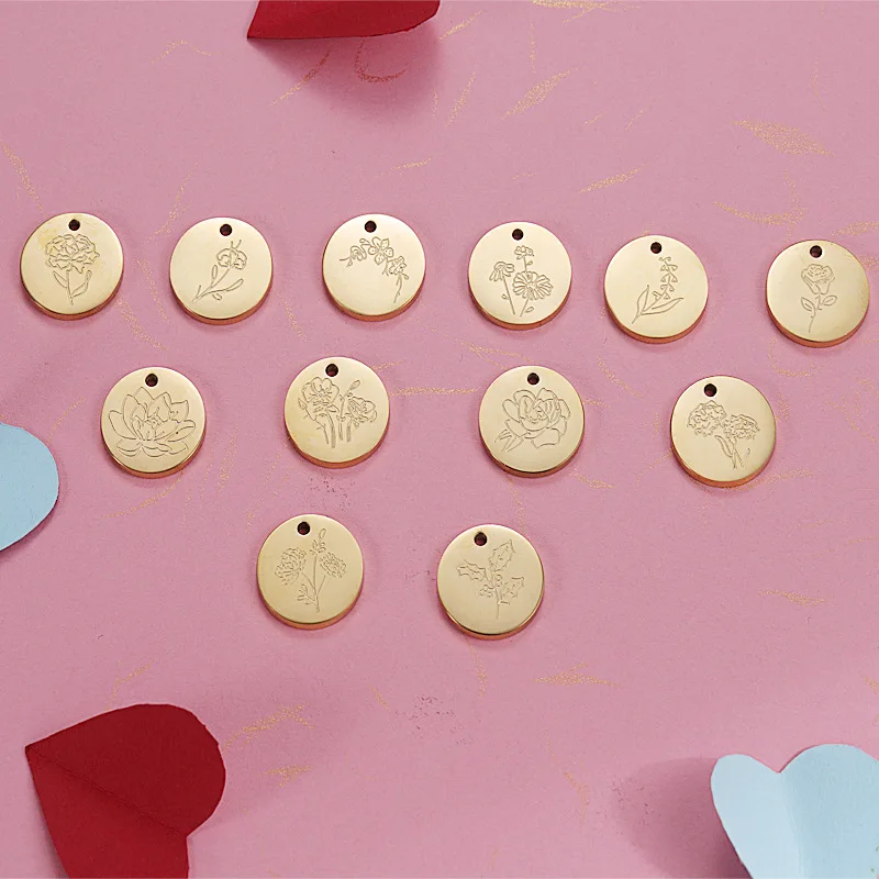 15mm DIY Jewelry Accessories Gold Plated Stainless Steel Birthday Flower Etching Round Pendant Charms For Necklace
15mm DIY Jewelry Accessories Gold Plated Stainless Steel Birthday Flower Etching Round Pendant Charms For Necklace