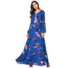 2019 The Hot selling Muslim fashion women Long sleeve Blue Floral Printing islamic style maxi dresses