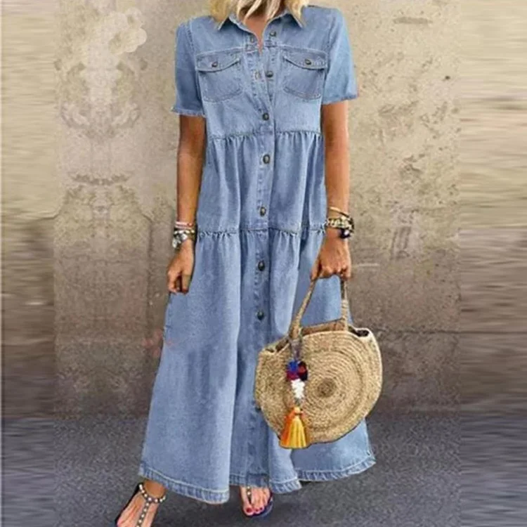 Women Maxi Boho Fashion Dresses Deach Short Sleeve Dress Denim Jeans Solid Color Dress, Blue
Women Maxi Boho Fashion Dresses Deach Short Sleeve Dress Denim Jeans Solid Color Dress, Blue