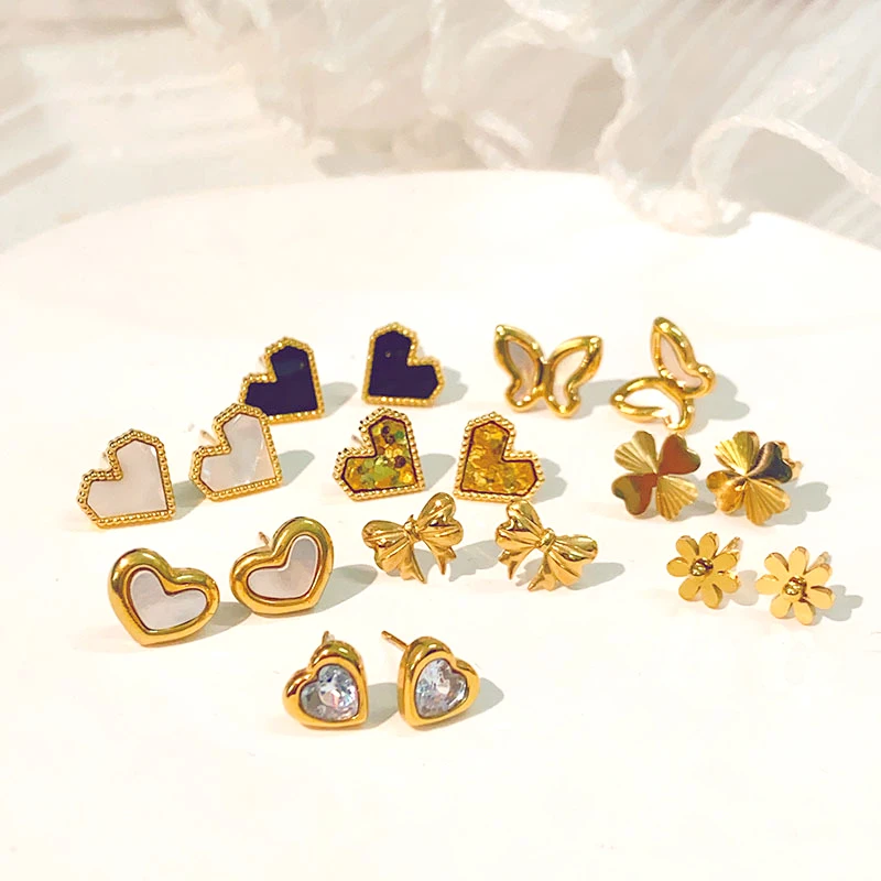 

New Non Tarnish Stainless Steel 18k Pvd Gold Zircon Love Heart Butterfly Stud Earrings Women Clover Earrings Jewelry For Gift