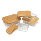 Wholesale microwavable microwave clear square borosilicate glass food storage container with wooden bamboo lid