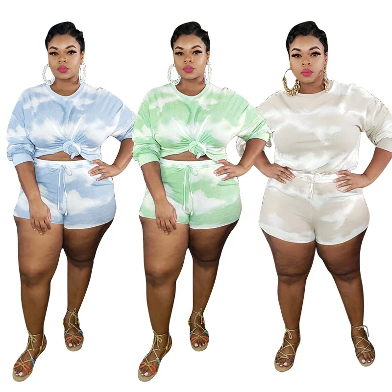 Tie-dye printed top and shorts fashion casual two-piece suit plus size women's clothing
Tie-dye printed top and shorts fashion casual two-piece suit plus size women's clothing