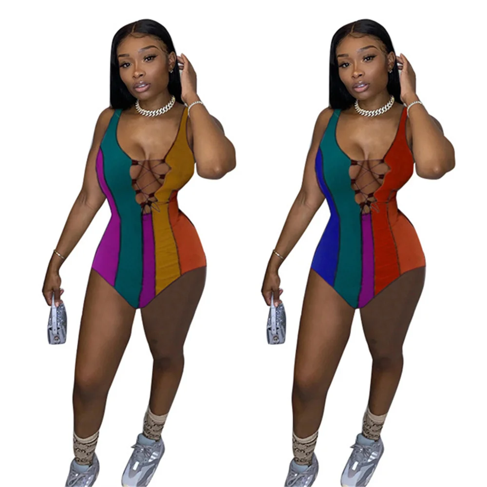 Summer Colorful Striped Print Women Hollow Out Bandage Sleeveless Bodycon Fitness One-Piece Bodysuit
Summer Colorful Striped Print Women Hollow Out Bandage Sleeveless Bodycon Fitness One-Piece Bodysuit