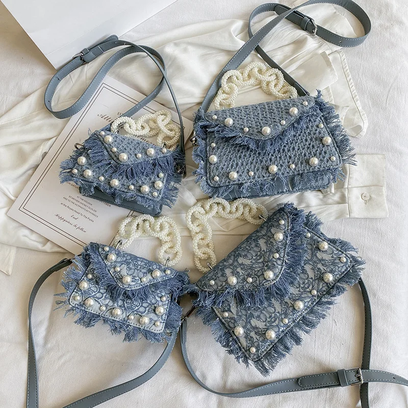 Fashion Women Denim Chain Shoulder Messenger Bag Female Blue Jeans Tassel Totes Purse Flap Handbag New Pearls Studded Lady Bag, As picutre
Fashion Women Denim Chain Shoulder Messenger Bag Female Blue Jeans Tassel Totes Purse Flap Handbag New Pearls Studded Lady Bag, As picutre
