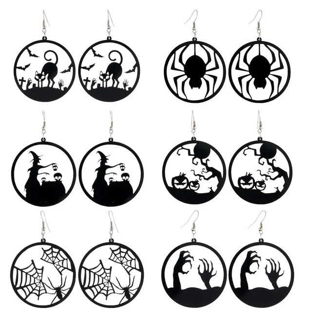 New creative scary spider acrylic earrings, pumpkin witch black cat round acrylic earrings for halloween 
New creative scary spider acrylic earrings, pumpkin witch black cat round acrylic earrings for halloween