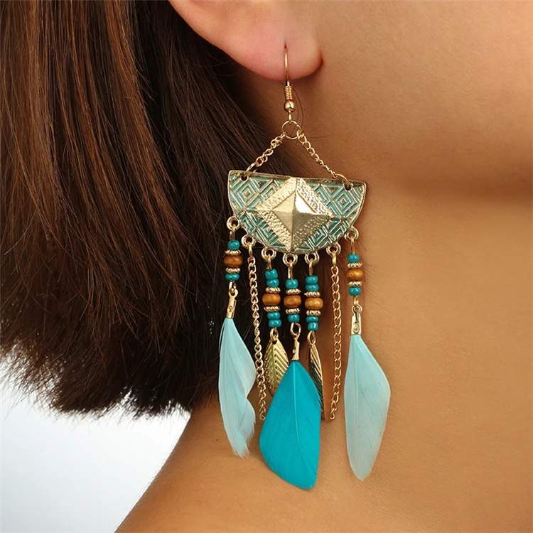 Custom fashion boho style fan-shaped round bead tassel feather earrings jewelry
Custom fashion boho style fan-shaped round bead tassel feather earrings jewelry