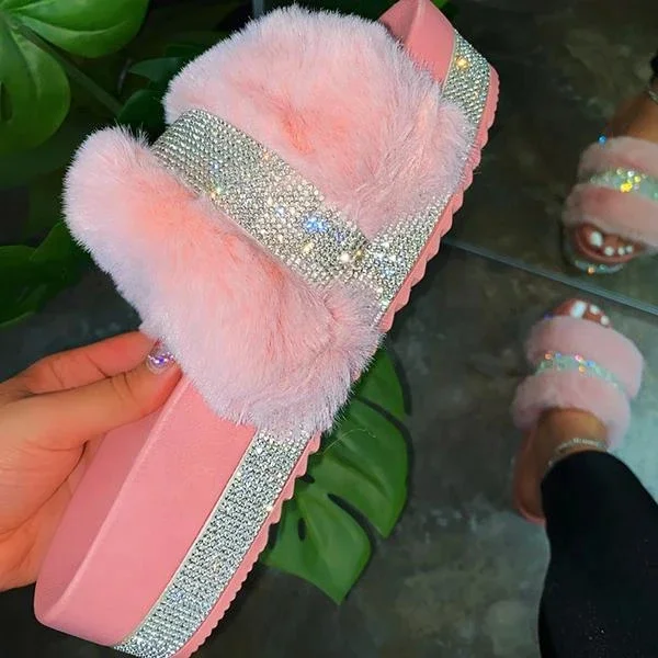 Rhinestone Fluffy Fur Single Band Platform Women Slippers Shiny Crystal Diamonds Women Shoes Slides, Black white pink
Rhinestone Fluffy Fur Single Band Platform Women Slippers Shiny Crystal Diamonds Women Shoes Slides, Black white pink