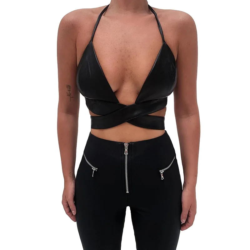 2021 new arrivals summer collection sexy deep V neck short style halter PU leather women crop top
2021 new arrivals summer collection sexy deep V neck short style halter PU leather women crop top