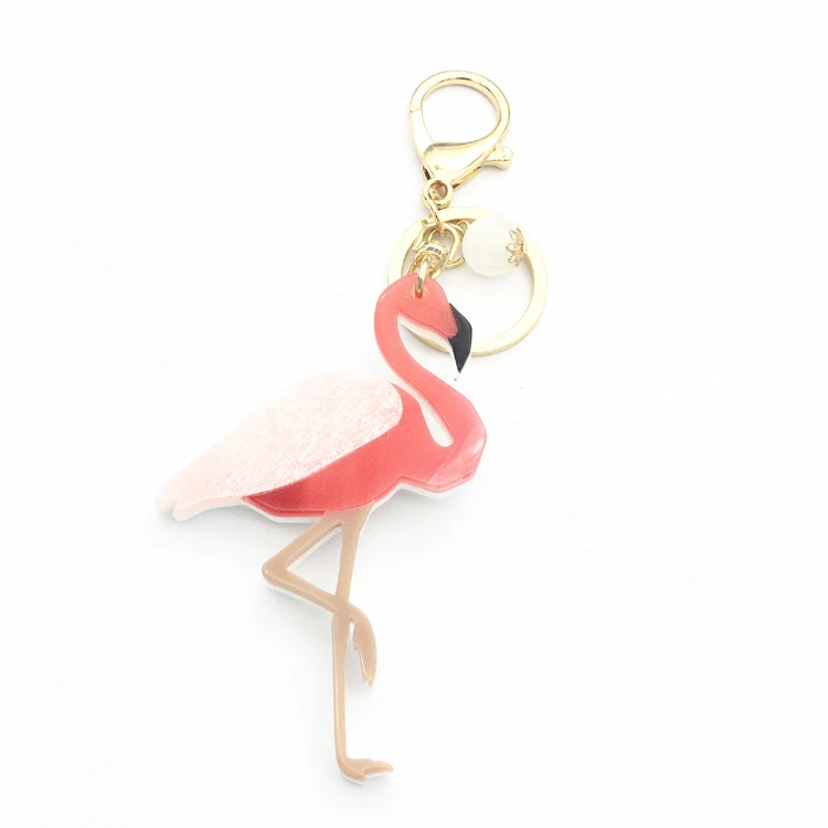 2020 New Trend Acrylic Flamingo keychain with gold plated charm and stainless steel key ring and Buckle