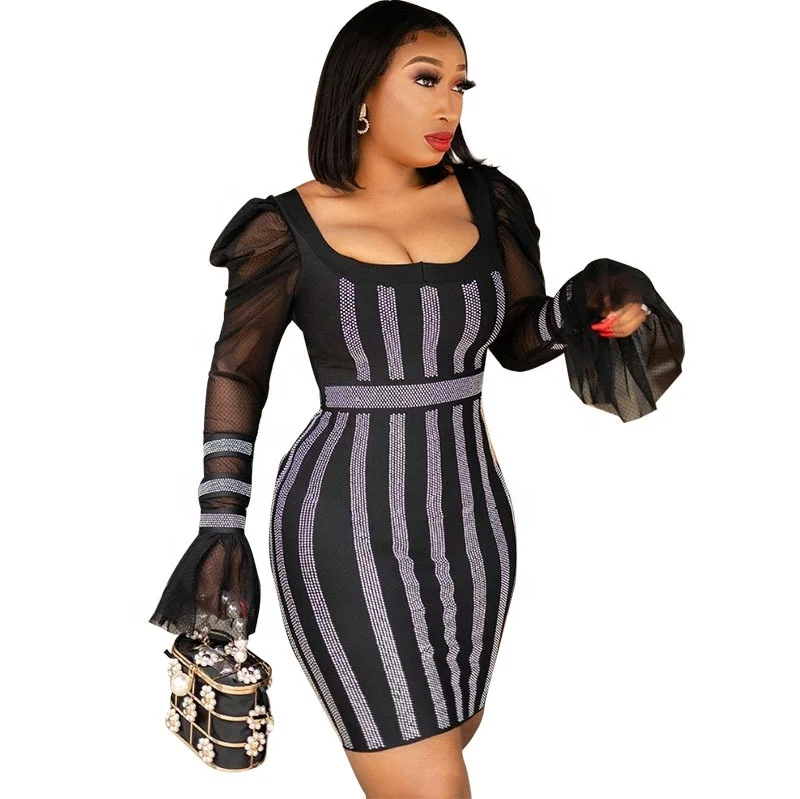 Fall Dresses Bodycon Puff Sleeve Sexy Dress Low-cut Tight-fitting Rhinestone Mesh Dress
Fall Dresses Bodycon Puff Sleeve Sexy Dress Low-cut Tight-fitting Rhinestone Mesh Dress