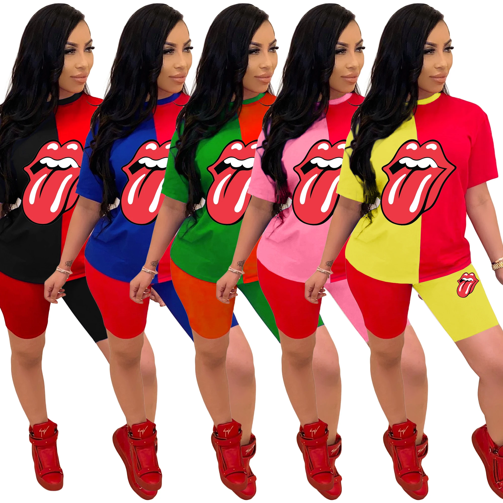 2021 summer 5colors women clothing geometric patchwork cartoon lip print two piece outfits 2 piece short set, Picture
2021 summer 5colors women clothing geometric patchwork cartoon lip print two piece outfits 2 piece short set, Picture