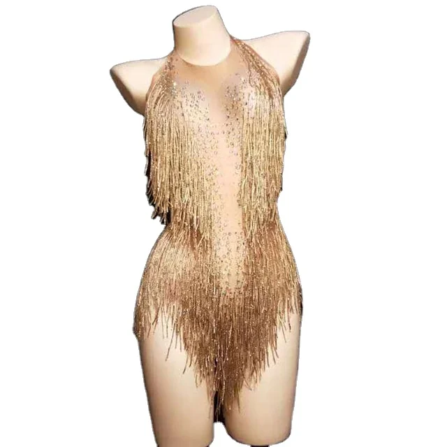 Flashing Gold Rhinestones Tassel Spandex Bodysuit Women's Birthday Party Evening Costume Stage Outfit Nightclub Dance Show Wear, As show
Flashing Gold Rhinestones Tassel Spandex Bodysuit Women's Birthday Party Evening Costume Stage Outfit Nightclub Dance Show Wear, As show