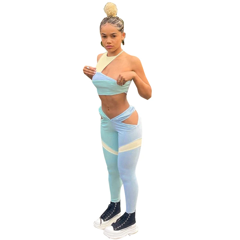MS234 Women's new stitching contrast color irregular sleeveless T-shirt cross slim trousers two piece set suit, Blue
MS234 Women's new stitching contrast color irregular sleeveless T-shirt cross slim trousers two piece set suit, Blue