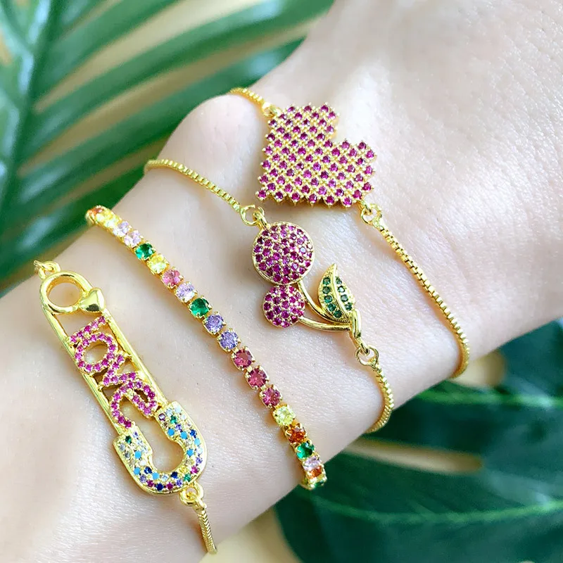 European 18K Gold Plating Tennis Chain Bracelet Micro Pave Colorful CZ Zirconia Love Heart Pin Bracelets For Women
European 18K Gold Plating Tennis Chain Bracelet Micro Pave Colorful CZ Zirconia Love Heart Pin Bracelets For Women