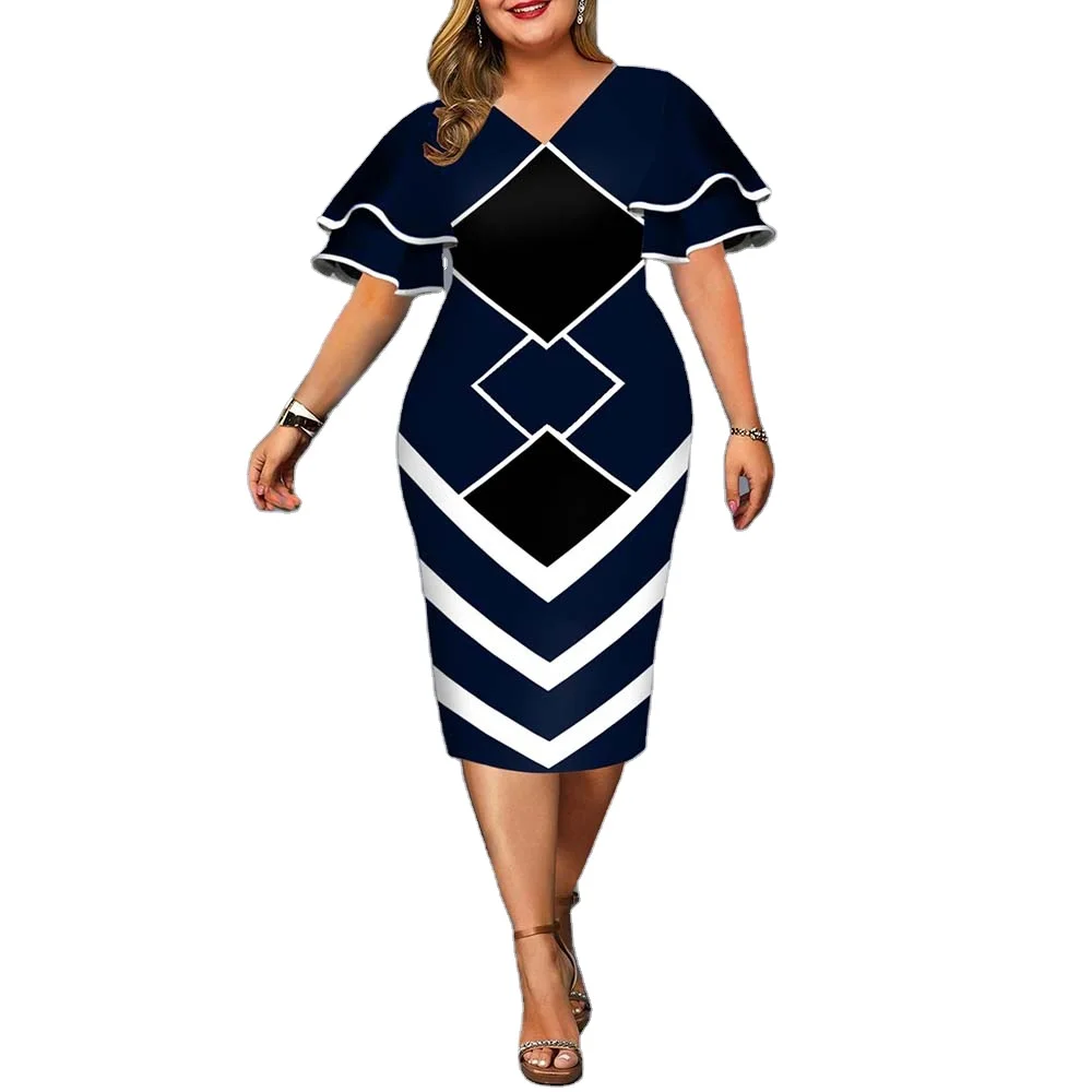 

Women Dress Elegant Geometric Print Evening Party Dress Casual Plus Size Layered Bell Sleeve Office Bodycon Dress Club Outfits