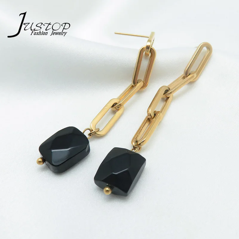 Natural Stone Stainless Steel Long Link Chain Dangle Earrings Jewelry With Black Onyx 316L Stainless Steel Earing Hoop Set
Natural Stone Stainless Steel Long Link Chain Dangle Earrings Jewelry With Black Onyx 316L Stainless Steel Earing Hoop Set