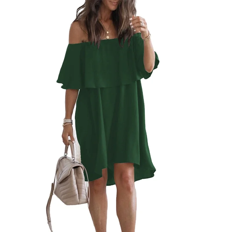 

Sexy dresses 2021 new arrivals Hot Style Summer Casual Loose-Fitting Flounce Sleeve Dress With One Word Shoulder, Picture shows