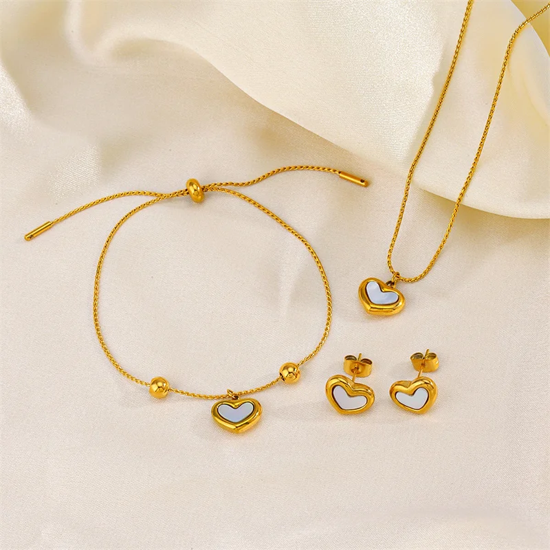 3Pcs/Set Titanium Steel Heart Shaped Earrings Necklace Bracelet Women Luxury Sweet White Shell Love Heart Jewelry Set
3Pcs/Set Titanium Steel Heart Shaped Earrings Necklace Bracelet Women Luxury Sweet White Shell Love Heart Jewelry Set