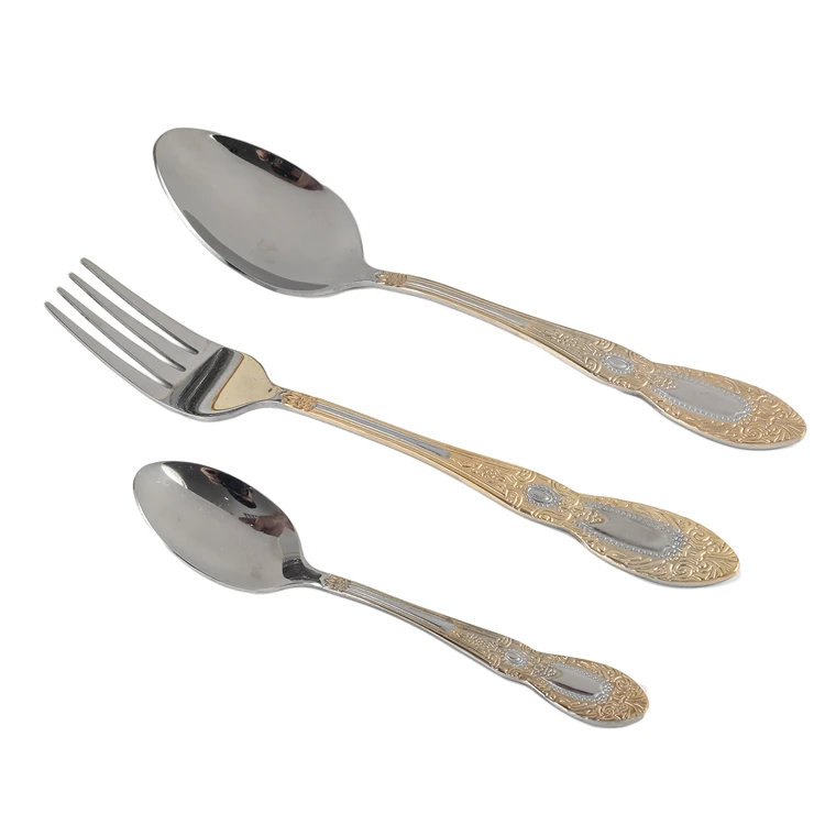Hotel Dinner Cutlery Sets Spoon Fork Set Stainless Steel Cutlery Fork Knife And Spoon Set With Gold-plated Handles
Hotel Dinner Cutlery Sets Spoon Fork Set Stainless Steel Cutlery Fork Knife And Spoon Set With Gold-plated Handles