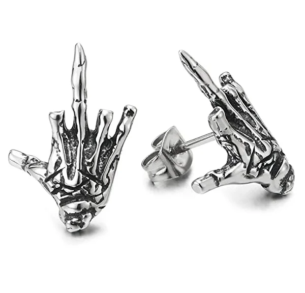 Screw Back Punk Rock Gothic Stainless Steel Vintage Hand Skeleton Bone Stud Earrings, Picture shows 
Screw Back Punk Rock Gothic Stainless Steel Vintage Hand Skeleton Bone Stud Earrings, Picture shows