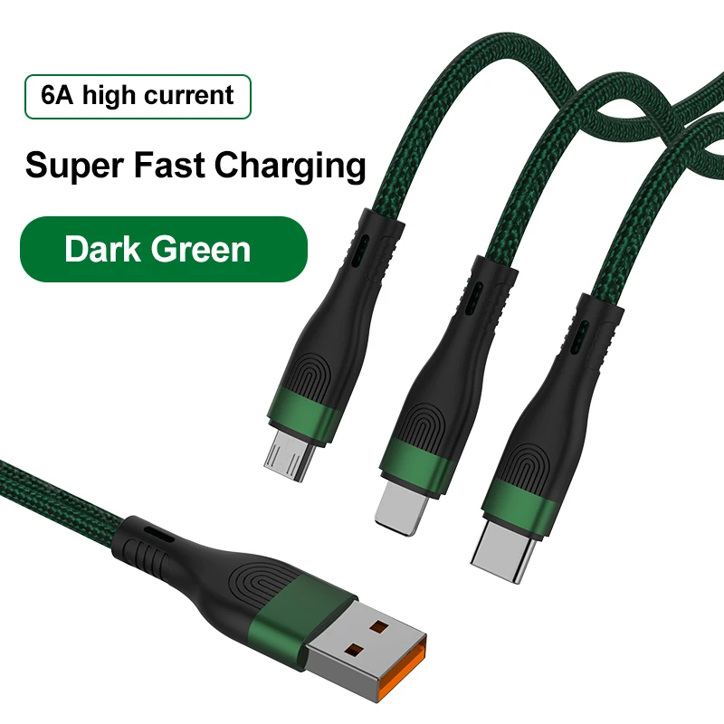 Fashion Travel is convenient Nylon Braided 6A high current fast charging Multi Function micro usb cable 3 in 1 for mobile phone, Dark green,black gold,orange red
Fashion Travel is convenient Nylon Braided 6A high current fast charging Multi Function micro usb cable 3 in 1 for mobile phone, Dark green,black gold,orange red