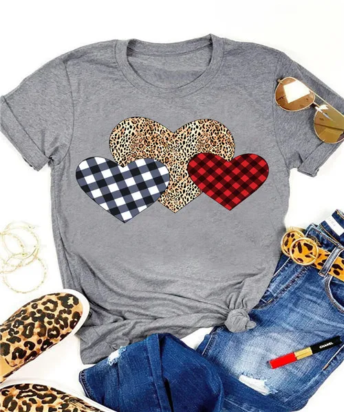 Valentine's Day Women's Tops Plaid Leopard Stitching Heart Print Pattern Round Neck Short Sleeve T-shirt
Valentine's Day Women's Tops Plaid Leopard Stitching Heart Print Pattern Round Neck Short Sleeve T-shirt
