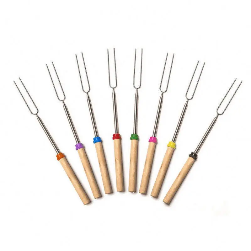 

8 Color Wooden Handle Extendable Marshmallow Roasting Sticks Barbecue Forks Set Telescoping Smores Skewers for Campfire, Fire, More color