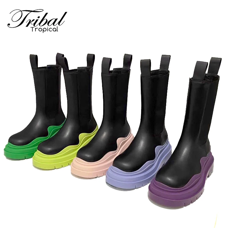 

new arrivals genuine leather thick soled CHELSEA women's white waterproof green rain boots for lady