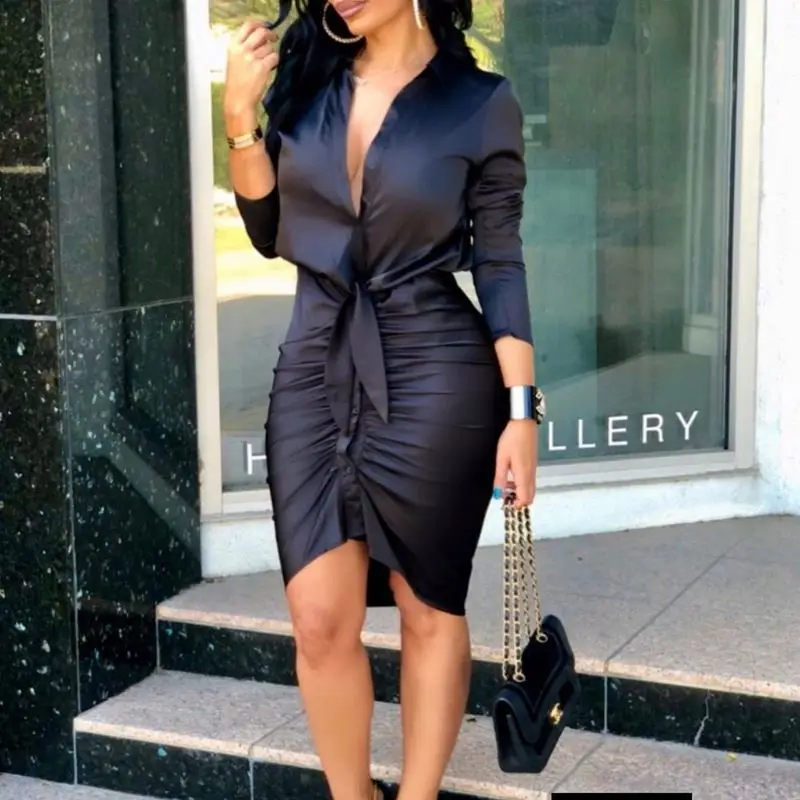 Women Casual Dresses Lace Up Solid Color Deep V Neck Long Sleeve Turndown Collar Single Breasted Midi Dress
Women Casual Dresses Lace Up Solid Color Deep V Neck Long Sleeve Turndown Collar Single Breasted Midi Dress