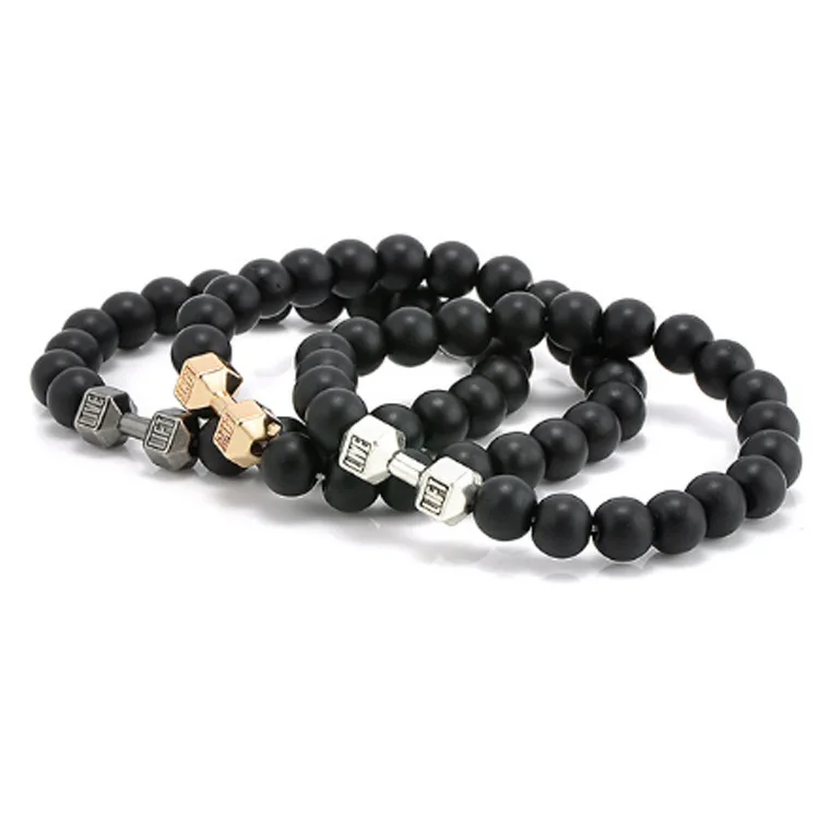 

G1413 Amazon Hot Sale Beaded Men's Bracelets Trendy Natural Black Volcanic Lava Stone Buddha Beads Cheap Dumbbell Bracelet
