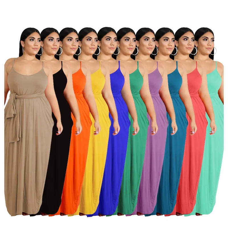wholesale 2021 casual sling sleeveless solid color long loose belt plus size summer dress for women clothing, As picture
wholesale 2021 casual sling sleeveless solid color long loose belt plus size summer dress for women clothing, As picture