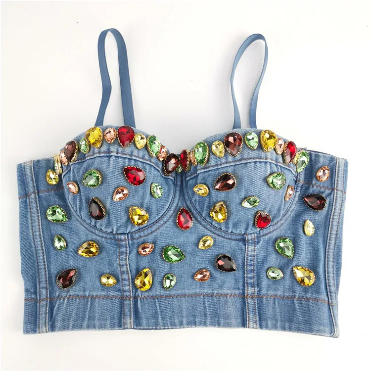 2021 women crop top rhinestone denim zipper crop top with build-in bra women tops 
2021 women crop top rhinestone denim zipper crop top with build-in bra women tops