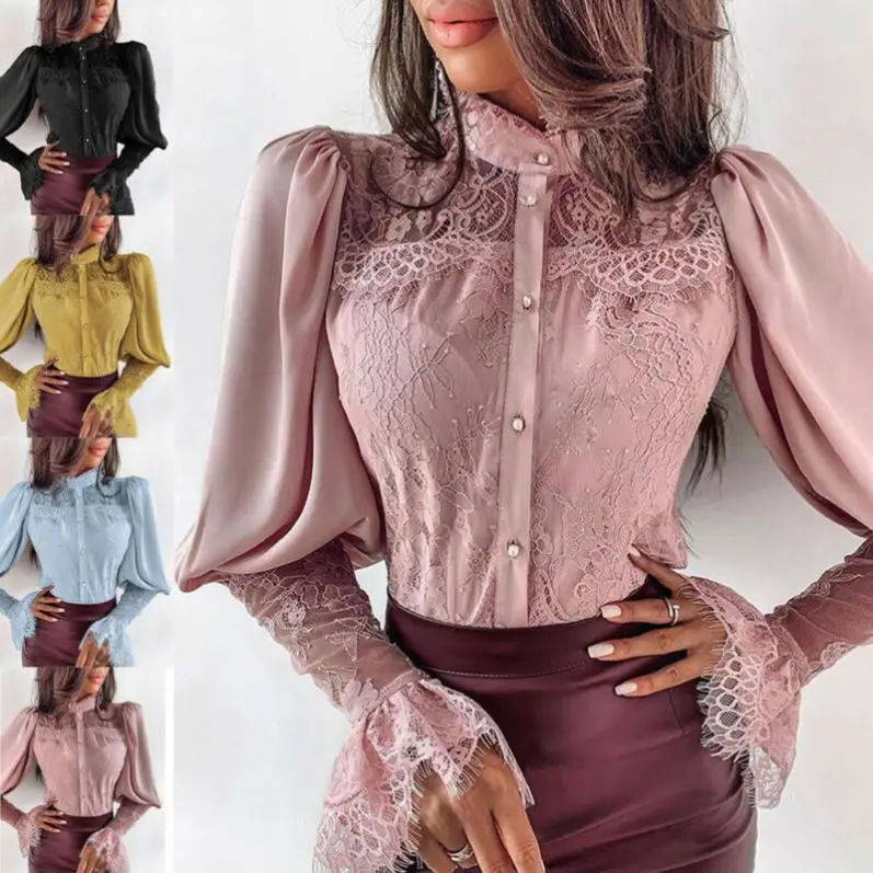 Women Lace Patchwork Flare Sleeve Buttoned Blouse Chic Elegant Spring Fall Office Stand Collar Shirt Chiffon Solid Casual Tops, Pink/yellow/black/blue
Women Lace Patchwork Flare Sleeve Buttoned Blouse Chic Elegant Spring Fall Office Stand Collar Shirt Chiffon Solid Casual Tops, Pink/yellow/black/blue