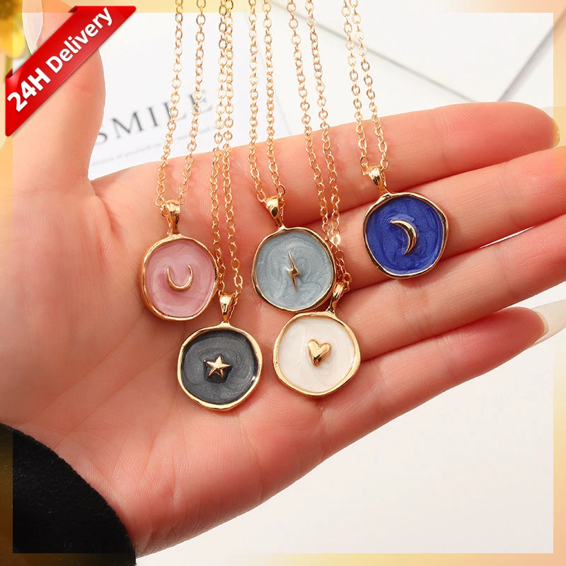 

HOVANCI 2020 Simple Fashion Gold Color Coin Heart Necklace Enamel Stars Moon Heart Round Pendant Necklace