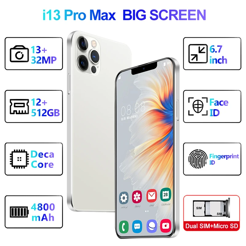 2021 Original phone i13 Pro MAX Android Smartphones 12GB+512GB i phone13 10-Core 5G LET Mobile phones cell phone
2021 Original phone i13 Pro MAX Android Smartphones 12GB+512GB i phone13 10-Core 5G LET Mobile phones cell phone