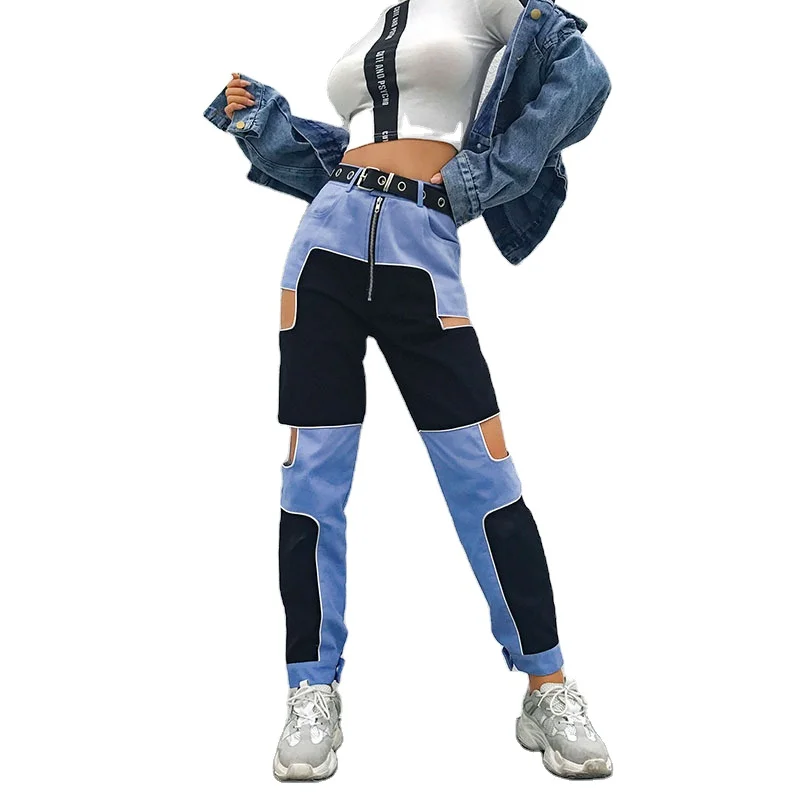 IHSK25 Stylish blue and black stitching hollowed high-waist trousers color blocking ladies pant, Customized color
IHSK25 Stylish blue and black stitching hollowed high-waist trousers color blocking ladies pant, Customized color