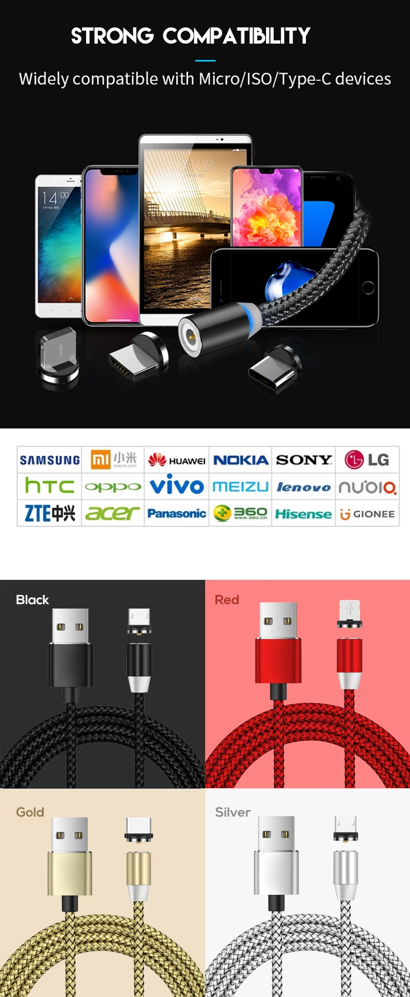 Celular Iman 3 en 1 2.4A Fast Charging Micro Type C USB Magnetic Cargador Cable for iPhone - ANKUX.COM