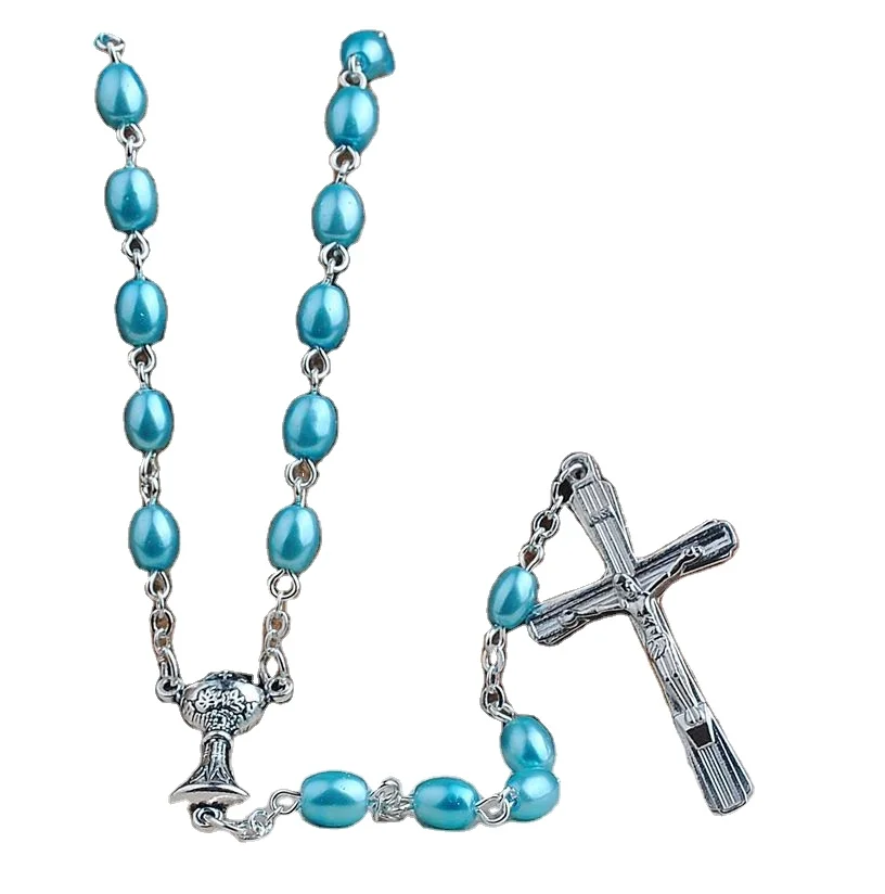 Catholic Sweet Blue Color Oval Glass Pearl Beads Rosary Chain Necklace